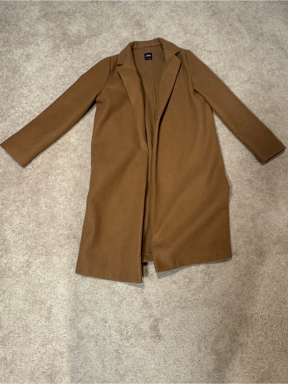 Zara Camel Brown Longline Open Front Coat